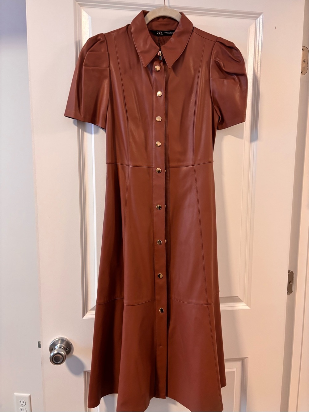 Zara Rust Brown Faux Leather Button-Front Midi Dress